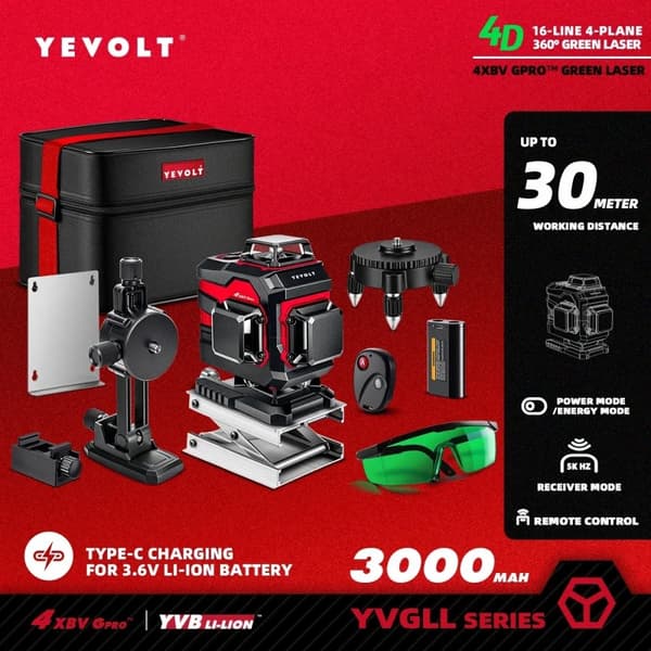 Volymetrisk Grön Laser Nivå, 360° Täckning, 30m Räckvidd,YVGLL4XS16B2P3x1