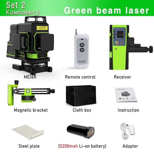 Grøn Stråle Laser Nivelleringsværktøj, 3D/4D Laserlinjer, Selv-nivelleringsfunktion,ME16R DC12G
