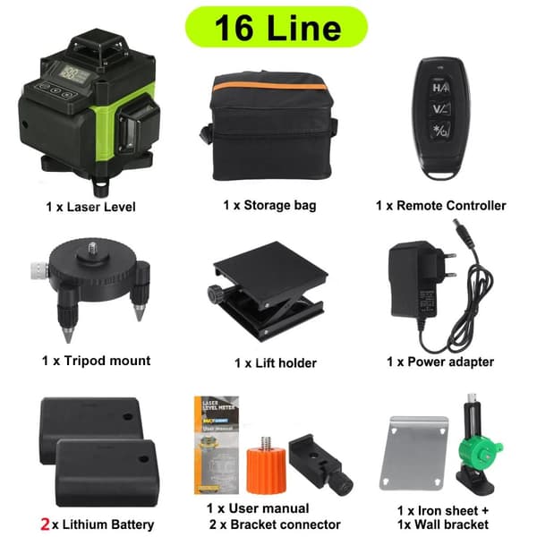 16 Liners Laser Niveau, 6000mAh Batteri, IP54 Vandtæt,2 Batteri Grøn