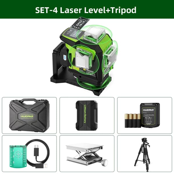Huepar Laser Niveau, ±2mm Nøjagtighed, Selv-nivellerende Funktion,SÆT-4