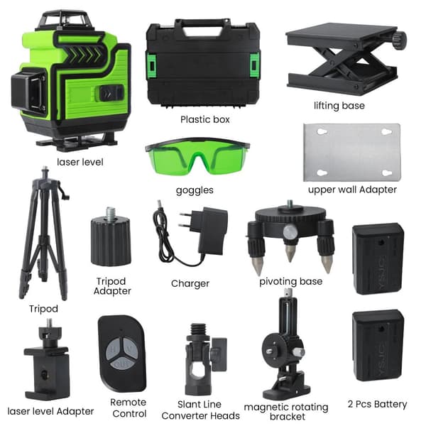 Laser Niveau, Vertikale & Horisontale Lasere, 360-Grad Laserlinjer, Klasse 2 Nøjagtighed,Plastikboks med stativ