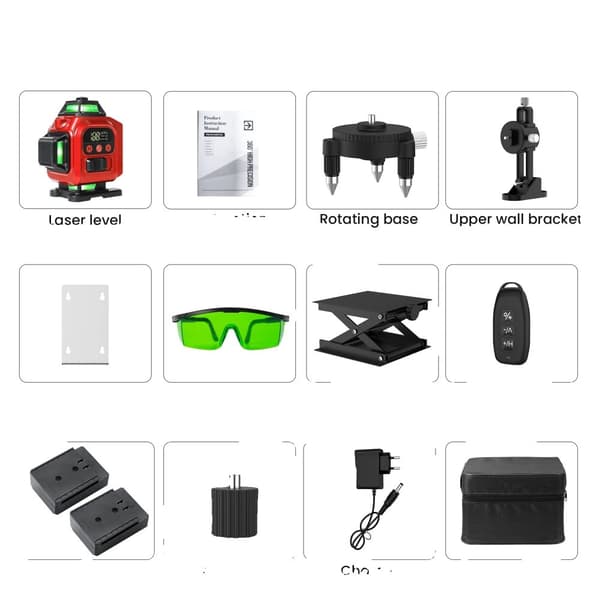 4D 16 Linje Laser Niveau, 360° Automatisk Nivellering, 4 Laserhoveder, Genopladelige Batterier,Stofpose