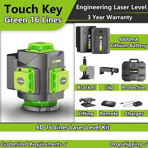 Grøn Linje Laser Niveau, 4D Funktionalitet, 16 Linjer, Vertikal og Horisontal Måling,4D 16Linjer