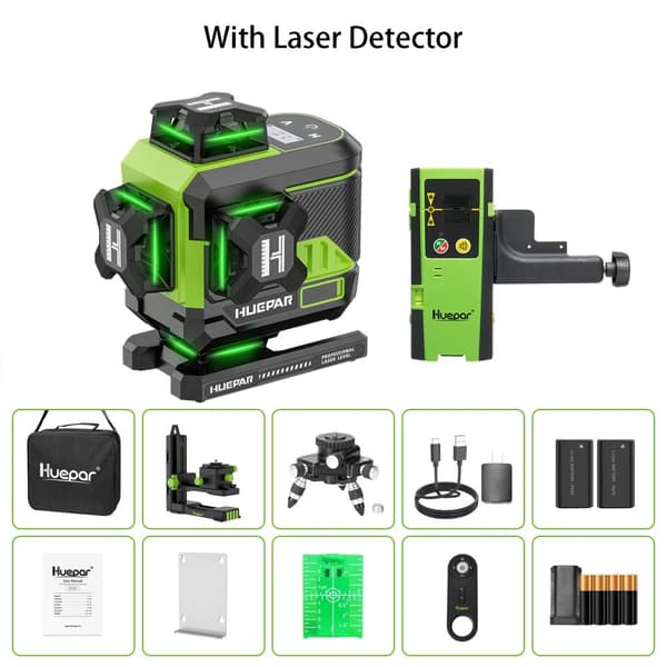 Laseravståndsmätare, 360° Självnivellerande, Grön Laserstråle,Med detektor