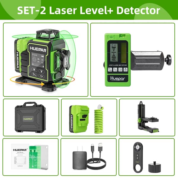 Laser niveau, Bluetooth-forbindelse, LCD-skærm med baggrundsbelysning, elektrisk roterende base,SÆT-2