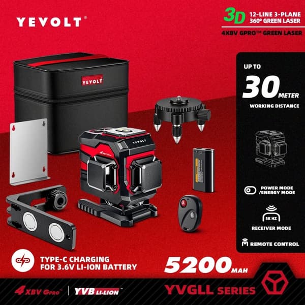 12-linjers laser niveau, grøn 360° justering, 30m rækkevidde,YVGLL4XS12TB1P5x1