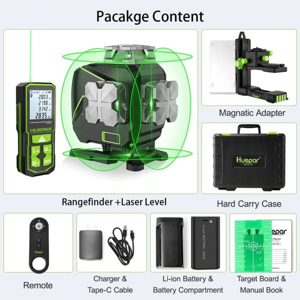 4D Krydslinje Laser Niveller, 16 Linjer, Bluetooth Forbindelse,grøn