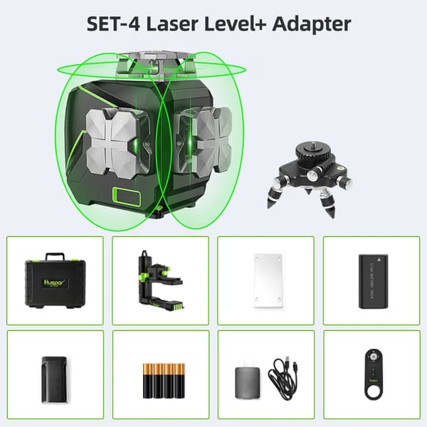Huepar 12 Linjer 3D Laser Niveau, Selvnivellerende Funktion, Vandtæt og Støvafvisende Design,SÆT-4
