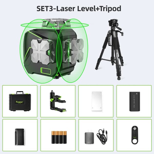 Huepar 12 Linjer 3D Laser Niveau, Selvnivellerende Funktion, Vandtæt og Støvafvisende Design,SÆT-3