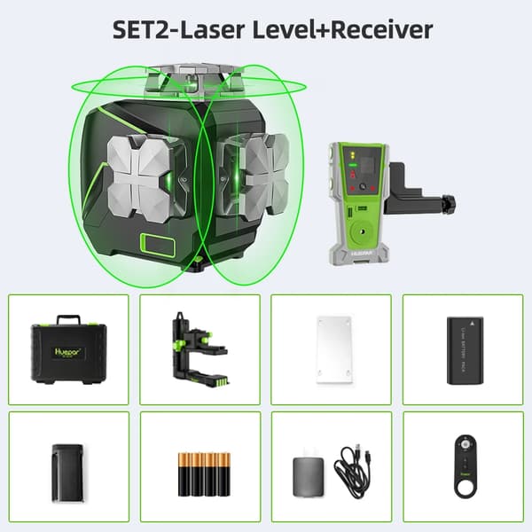 Huepar 12 Linjer 3D Laser Nivå, Självnivellerande Funktion, Vattentät och Dammtålig Design,SET-2