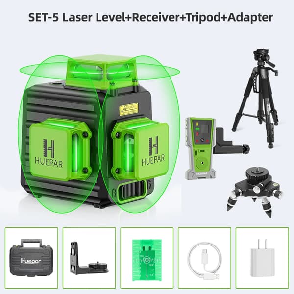 Huepar Laser Niveau, 12 Linjer Nøjagtighed, 360° Selvniveauering,SÆT-5