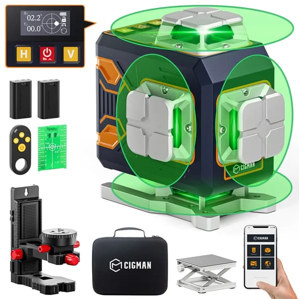 Laser-taso, 4x360° viivaa, Bluetooth-ohjaus, 40 tunnin akunkesto,CIGMAN CM-S02