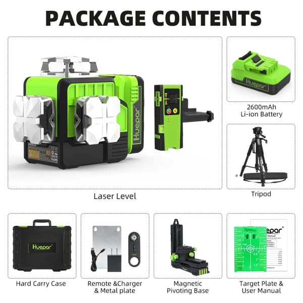 Huepar 3D Ristiviiva Laseritaso, 12 Laseriviivaa, ±3mm Tarkkuus,Aseta 6