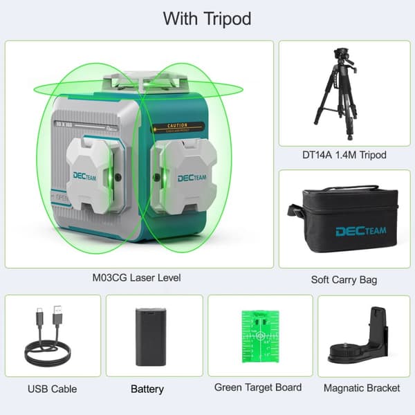 Decteam 3D Laser Niveau, 360° Grøn Stråle, Selv-nivellerende Funktion,Med stativ