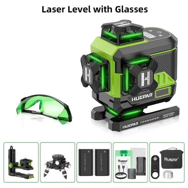 Huepar Laser Niveau, 4x360° Grøn Stråle, Fjernbetjeningsfunktion,SÆT-4