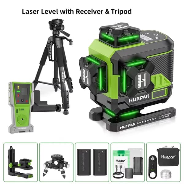 Huepar Laser Niveau, 4x360° Grøn Stråle, Fjernbetjeningsfunktion,SÆT-5