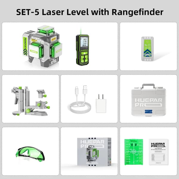 Huepar Laser Nivå, Hög Noggrannhet ±2mm, Lång Arbetstid 10 Timmar,SET-5
