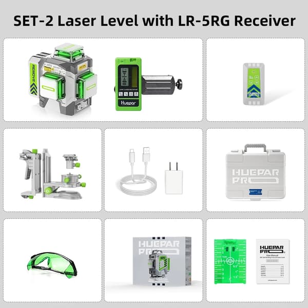 Huepar Laser Nivå, Hög Noggrannhet ±2mm, Lång Arbetstid 10 Timmar,SET-2