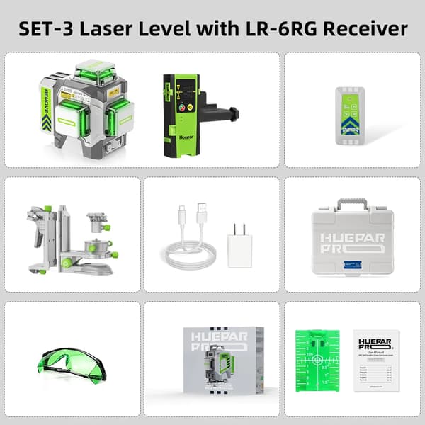 Huepar Laser Niveau, Høj Præcision ±2mm, Lang Arbejdstid 10 Timer,SÆT-3