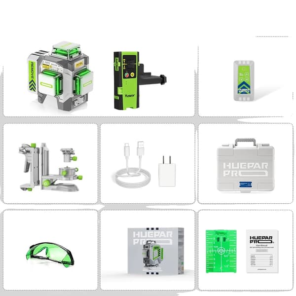 Huepar Laser Niveau, Høj Præcision ±2mm, Lang Arbejdstid 10 Timer,SÆT-3