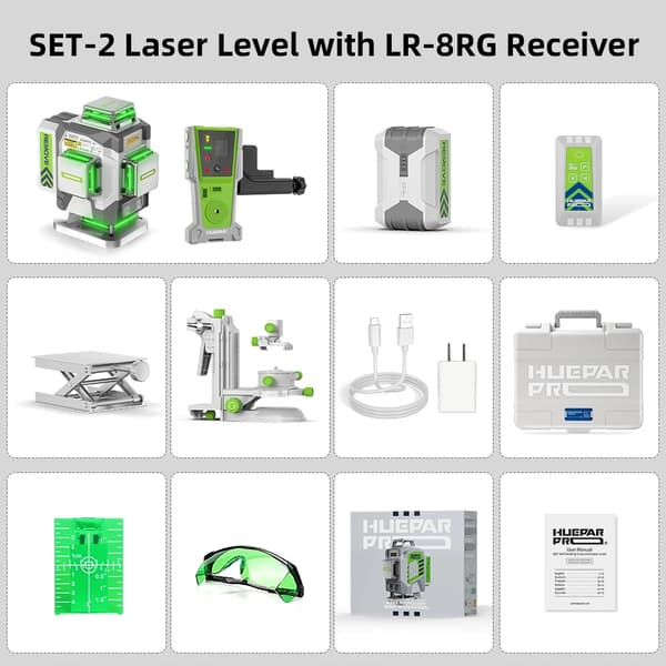 Huepar Laser Niveau, 16 Linjer Justering, Høj Nøjagtighed ±2mm,SÆT-2