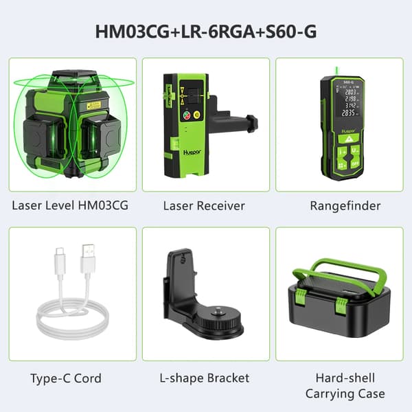 Huepar Laser Level, 12 Viivaa IP54-luokituksella, Type-C-lataus,HM03CG-LR-6RGA-S60-G