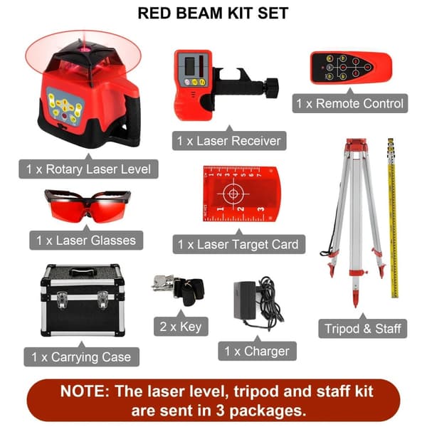 Rotationslaser, självnivellerande, 500m mätning,Röd Stråle Kit Set 2