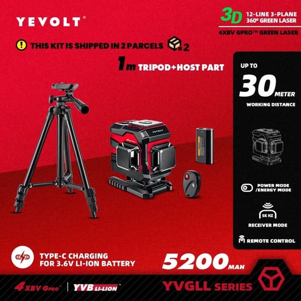 360° Krydslinje Laserniveau, 30m Rækkevidde, Holdbar og Vandtæt,TL-YVGLL4XS12TP5x1