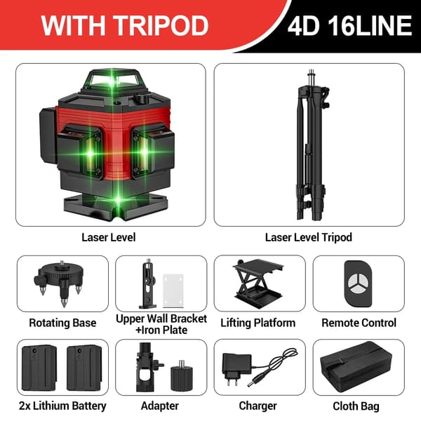 Laser Niveau, 16 Linjer, 4*360 ° Projektion, Stativ Inkluderet,16 Linje (stofpose) + stativ