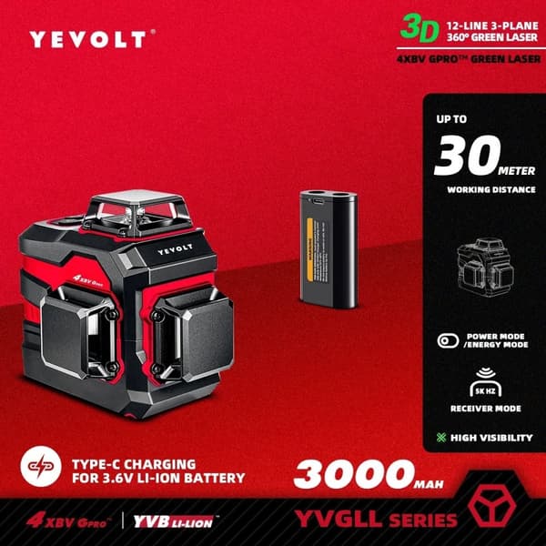 360° Laser Niveau, 12-Linjers Måling, Selvnivellerende ±4°,YVGLL4XS12P3x1