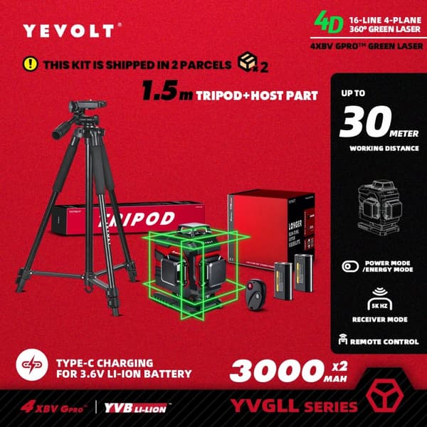 YEVOLT Grøn Laser Niveau, 30m Arbejdsområde, Præcis Selv-niveauering,TP-YVGLL4XS16P3x2