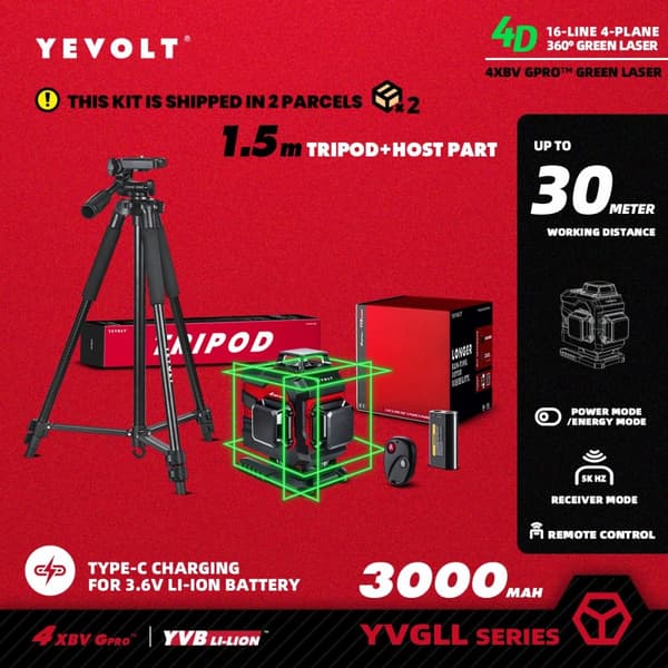YEVOLT Laser Niveau, 16-Linje Målemodel, IP54 Beskyttelsesklasse,TP-YVGLL4XS16P3x1