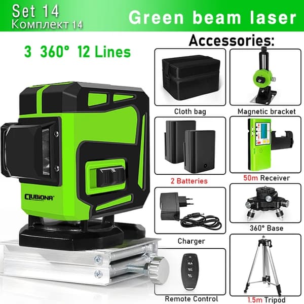Grøn Laser Niveau, 12 Linjer, Fjernbetjening, IE12CD-DC11G-H15BL12