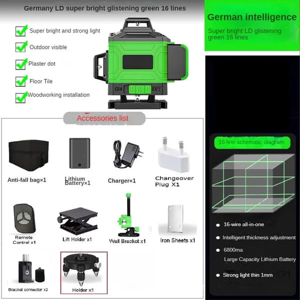 Laser Niveau, 3D/4D Linjer, Selvnivellerende, USB Opladning, 16-linje standard konfiguration+base