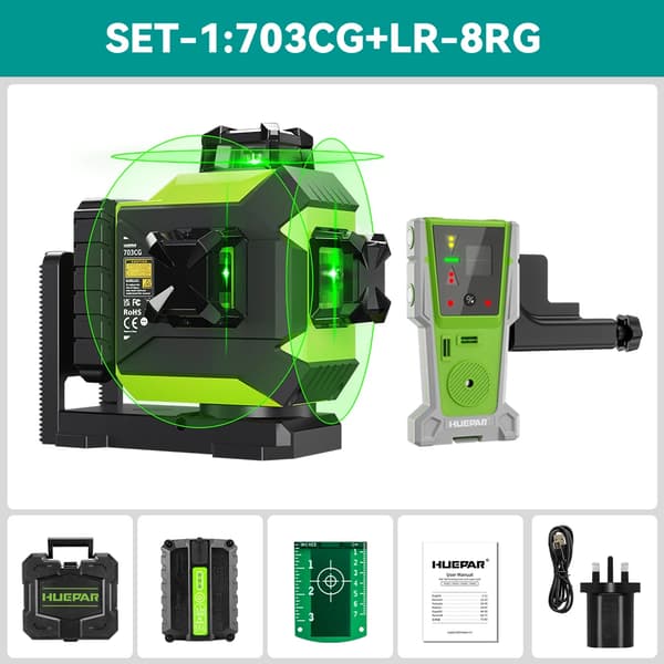 Huepar 703CG Laser Niveau, 12 Linje Måling, Hurtig Selvnivellering, Høj Kvalitets Diode,SÆT-1-Med Modtager