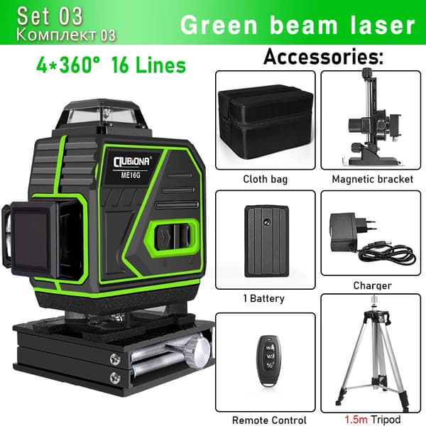Grøn Stråle Laser Niveau, 4D Laserlinjer, Selv-niveauerende Funktion,ME16G-H15