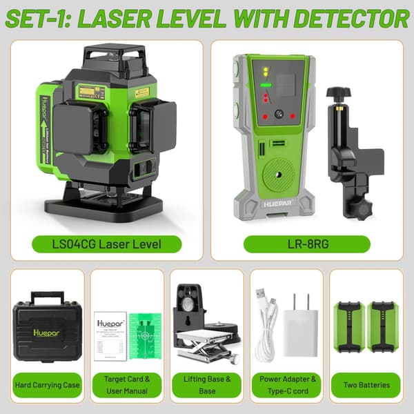 Huepar Laser Niveau, 4D Krydslinje Projektion, Dobbelt Li-ion Batterier,SET-1 med modtager
