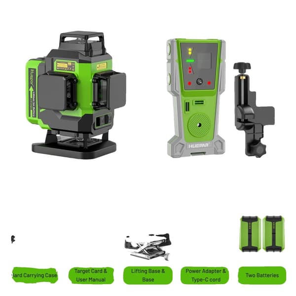 Huepar Laser Niveau, 4D Krydslinje Projektion, Dobbelt Li-ion Batterier,SET-1 med modtager