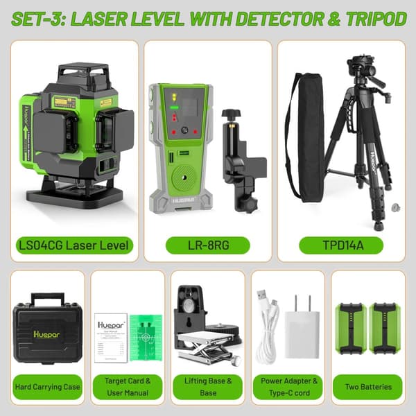 Huepar Laser Niveau, 4D Krydslinje Projektion, Dobbelt Li-ion Batterier,SET-3 Hovedfoto