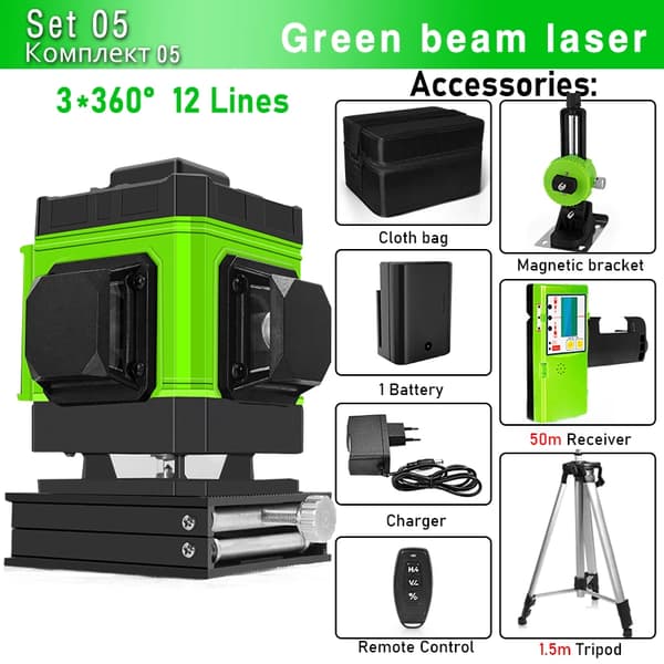 Grøn Stråle Laser Niveau, 4x360° Dækning, Fjernbetjening, Flere Anvendelser,IE12A-DC11G-H15
