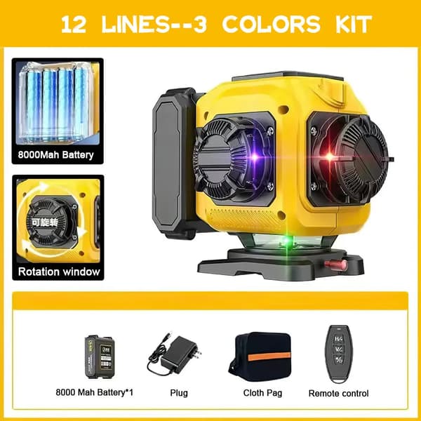 Laser Niveau, Vertikal & Horisontal Brug, 16 Linjer, 360 Grad Rotationsbase,12 Linje 3 farver