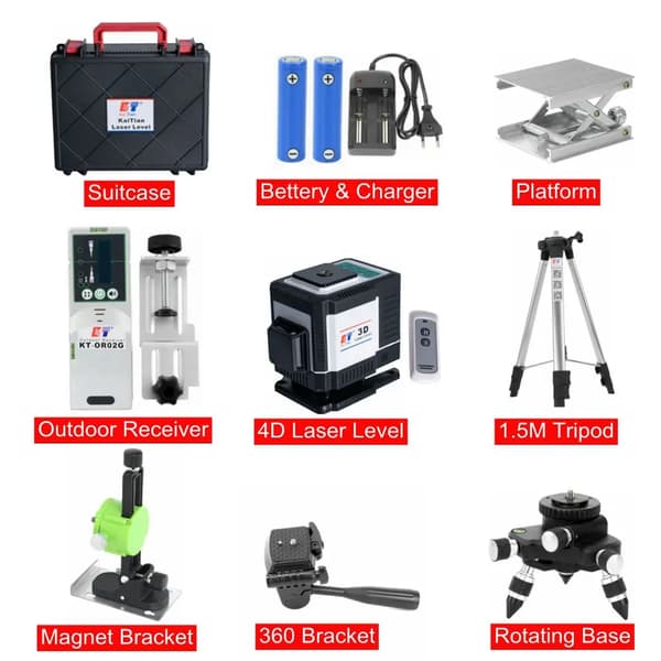 Niveau Laser, 12 Linjer, Elektronisk Automatisk Selvniveauering, 1,5M Stativ Inkluderet,360 Laser Modtager