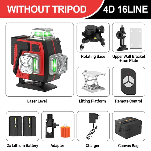 16 Liners Laser Niveau, Vertikale & Horisontale Lasere, 2400mAh Batteri, 10 Meter Nøjagtighed,4D 16Linjer Stofpose
