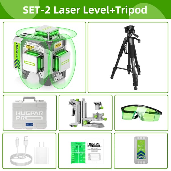 Laseravståndsmätare, ±2mm precision, 12 linjer, 8000mAh batteri,Med stativ
