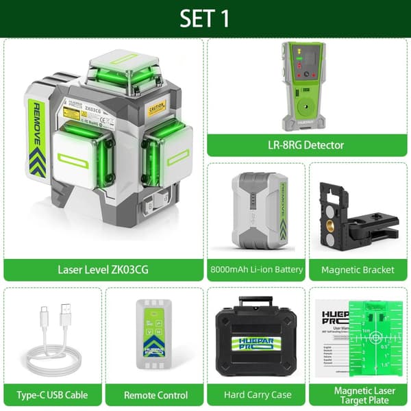 Laser Nivå 12 Linjer, ±2mm Precision, Självnivellerande, Fjärrkontroll,ZK03CG-L-SET-1