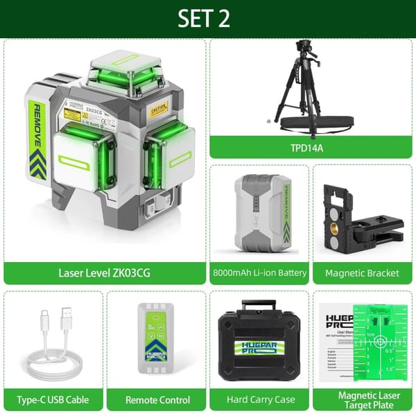 Laser Niveller 12 Linjer, ±2mm Præcision, Selv-nivellerende, Fjernbetjening,ZK03CG-L-SET-2