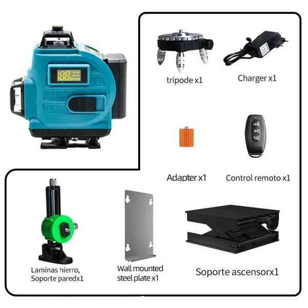 Trådlös laser vattenpass, 16 linjer, 360° rotation, uppladdningsbart batteri,2 Batteri EU Kontakt