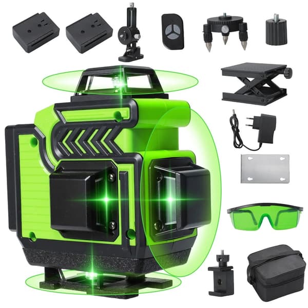 Laser Niveau, Fire Laserhoveder, 32 Fods Arbejdsafstand, 2400mAh Batteri,Med 2×Batteri
