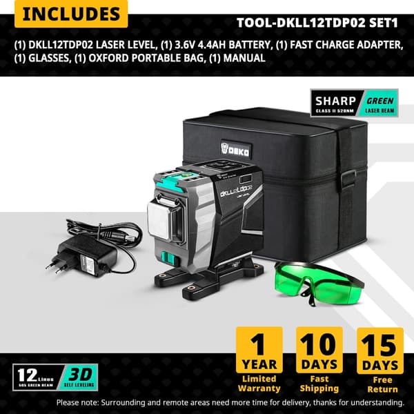 Laser Niveller, Grøn Stråle, Automatisk Selvnivellerende, Vertikal & Horisontal,DKLL12tdP02-S1