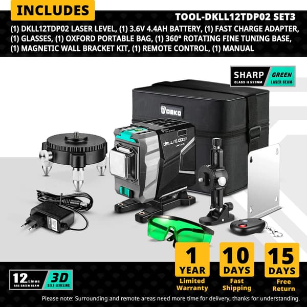 Laser Niveller, Grøn Stråle, Automatisk Selvnivellerende, Vertikal & Horisontal,DKLL12tdP02-S3